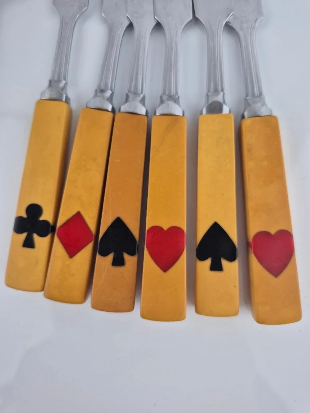 Art Deco Bakelite Flatware Inlaid Playing Card Suits 3 forks, 7 knives 7 spoons